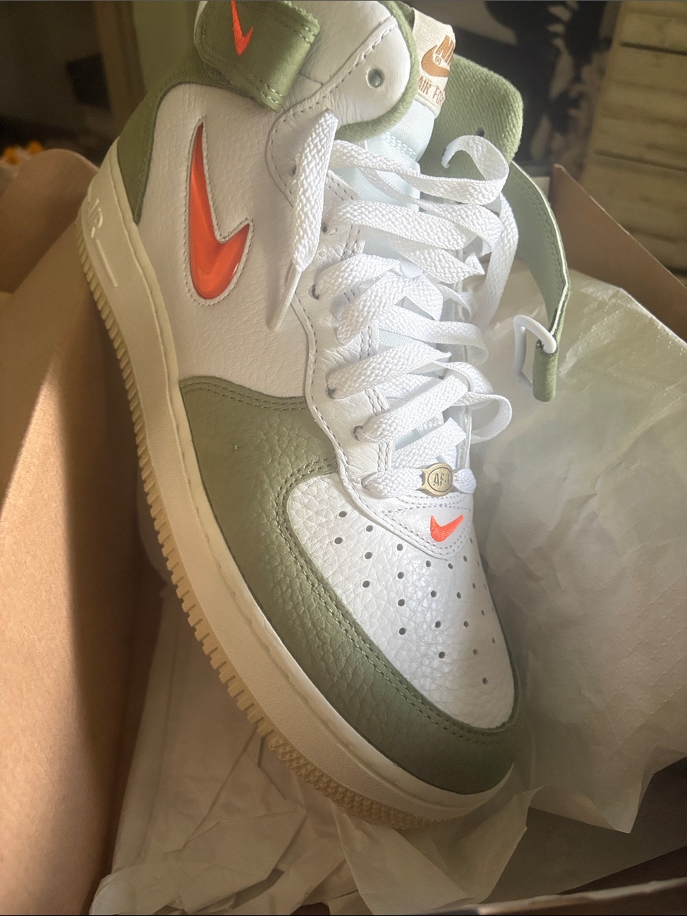Nike Air Force 1 Mid QS Box Label - White / Total Orange / Oil Green
